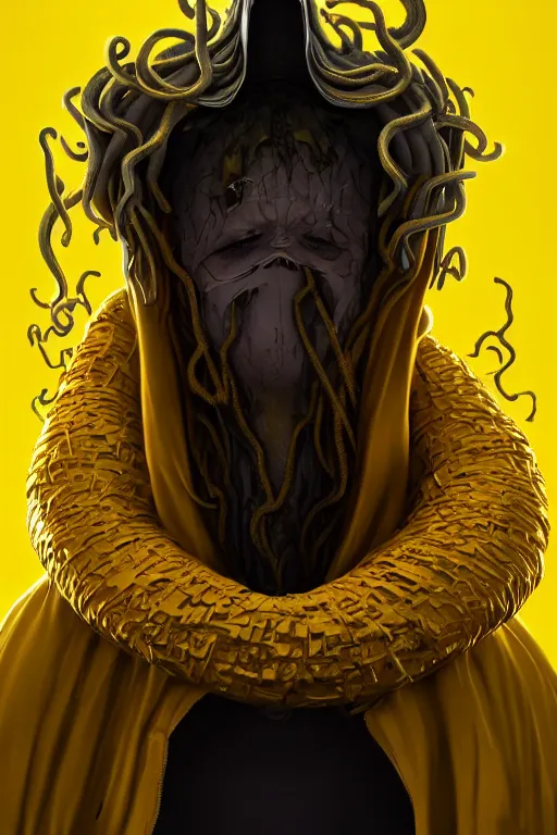 Image similar to A full body portrait of a mysterious character with no face with a very long hooded yellow cloak, a golden crown floating above his head tentacles coming out the ground art by Maciej Kuciara, Lee Griggs and Jason Chan, ominous, cosmic horror, trending on artstation, Ultra detailed, hyper realistic 4k