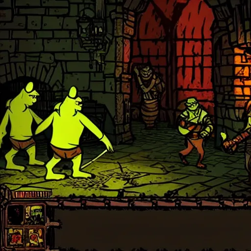Prompt: shrek in darkest dungeon, screenshot from the game, highly detailed, dark atmosphere, concept art