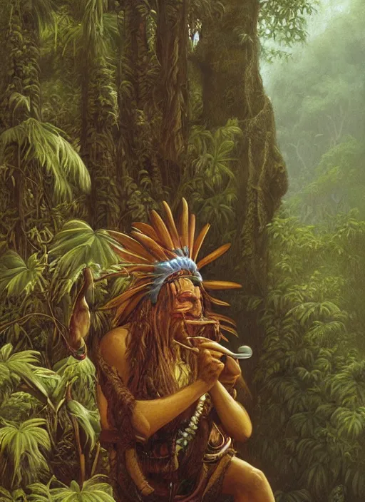 Prompt: a beautiful painting of a shaman in the jungle sniffing tobacco snuff, art by christophe vacher