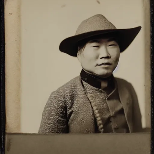 Prompt: Asian man with comically large cowboy hat daguerreotype
