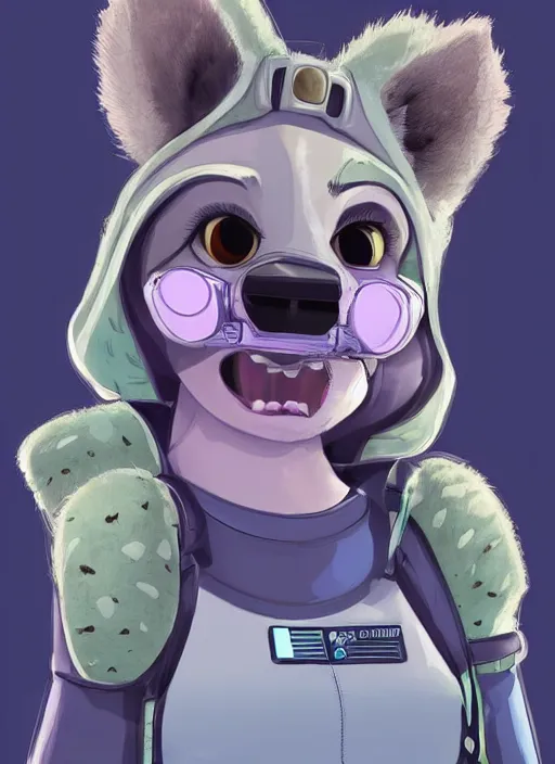 Image similar to digital detailed full body of anthromorphic female hyena, in style of zootopia, zootopia, zootopia, fursona, furry, furaffinity, 4 k, deviantart, furry art, fursona art, wearing astronaut outfit, in style of zootopia, hyena fursona, cyberpunk, female, detailed feminine face,