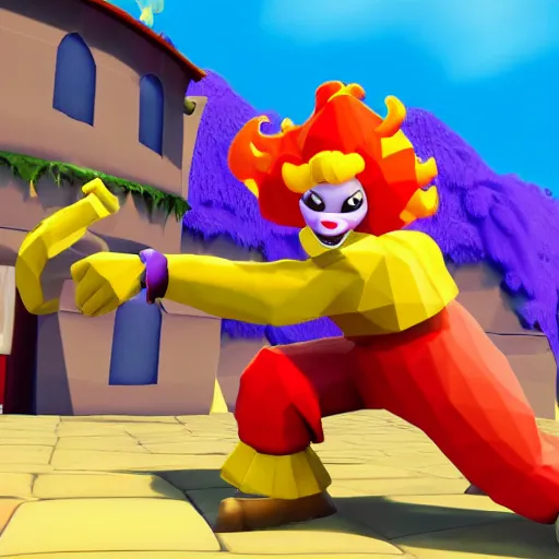 Prompt: image of ronald mcdonald, red afro, red nose and yellow outfit as an enemy in spyro the dragon video game, with low poly playstation 1 graphics, upscaled to high resolution