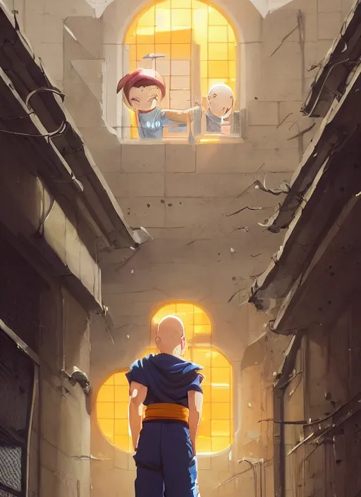 Image similar to highly detailed krillin standing outside building with a window with metal bars and naruto uzumaki with black hair behind them art by greg rutkowski, loish, rhads, ferdinand knab, makoto shinkai and lois van baarle, ilya kuvshinov, rossdraws, tom bagshaw, global illumination, radiant light, detailed and intricate environment