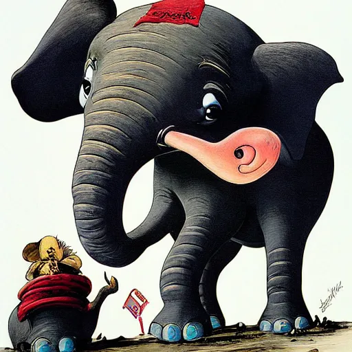 Prompt: a detailed painting titled dumbo and his mom by gerald scarfe and ralph steadman