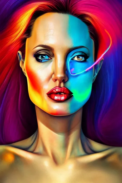 Image similar to a award winning half body portrait of a angelina jolie with stunning eyes in a croptop and cargo pants with rainbow colored hair, outlined by whirling illuminated neon lines and fine lines swirling in circles by jesper ejsing and rhads and makoto and shinkai and lois van baarle, digital art, trending on artstation