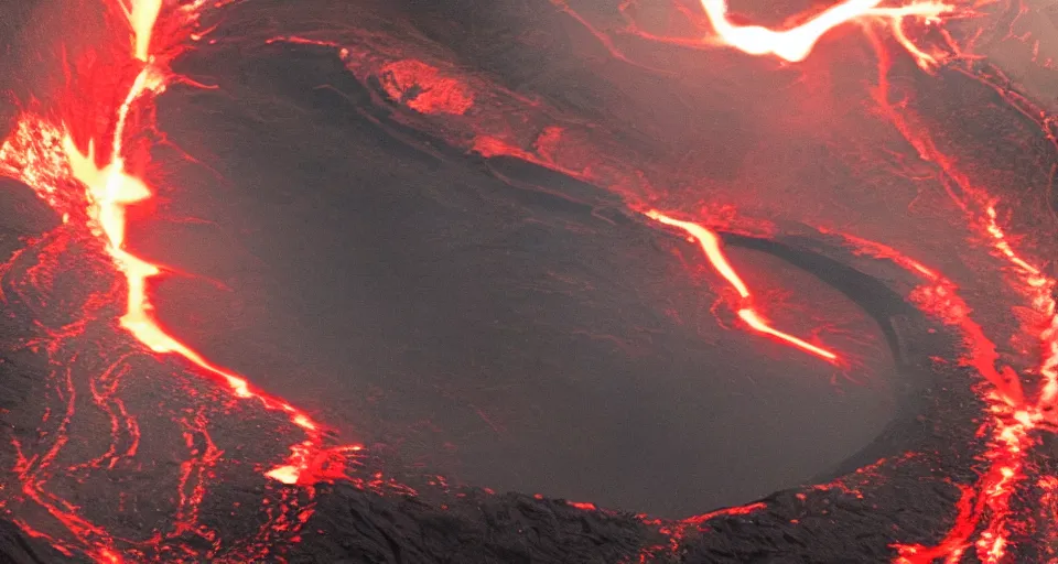 Image similar to a volcano made of ivory vines and crimson rocks enters in eruption, it spits a smoke in the shape of demonic eye, by Zack Snyder