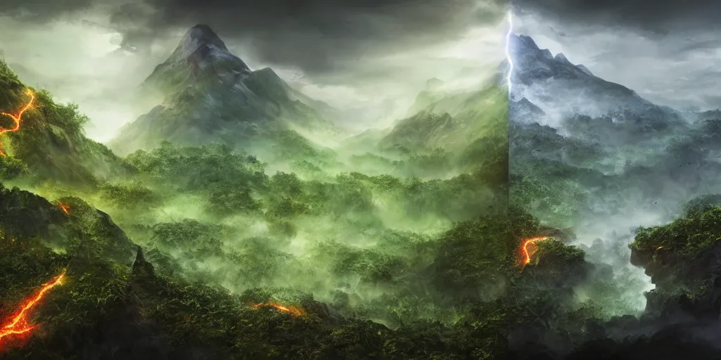 Image similar to boundary of two lands, green wild jungle vs dark mountain with lava, magic and lightning, epic, fantasy, D&D, intricate, upper body, highly detailed, sharp focus, cinematic lighting