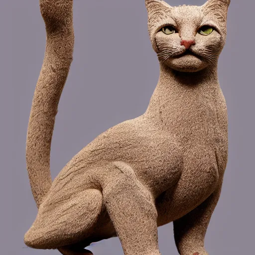 Image similar to medium - shot realistic clay cat, full body, walking, rough, handmade, fingerprints on clay, masterpiece, artistic, museum, highly detailed, hq, by adam beane, by carl brenders