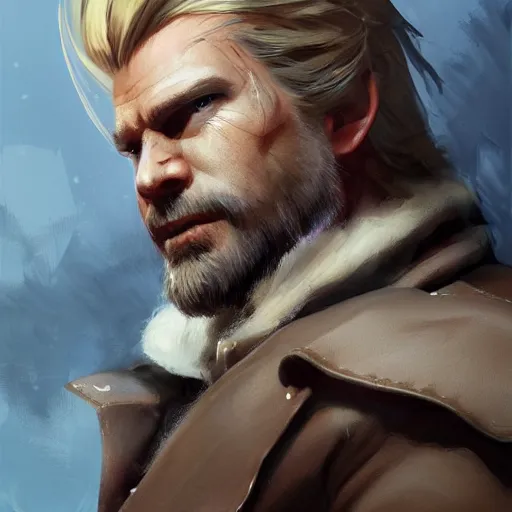 Image similar to portrait of a muscular, grim, ponytail haired blonde man in his late 30's, wearing a thick brown leather coat, looking to his side, scarred face, some beard, hunter, DnD character, fantasy character, digital art by Ruan Jia, Krenz Cushart, Rossdraws and Boris Vallejo