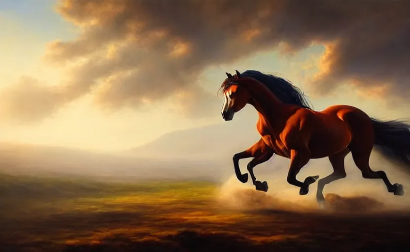 Prompt: a masterpiece oil painting of a proud horse galloping. wide angle, fantasy art, heroic lighting, very very very beautiful raytraced rendering, fog, finger of god