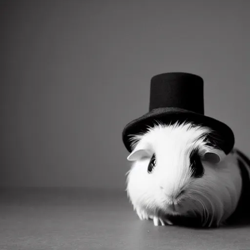 Prompt: a guinea pig wearing a bowler hat, grainy black and white photograph