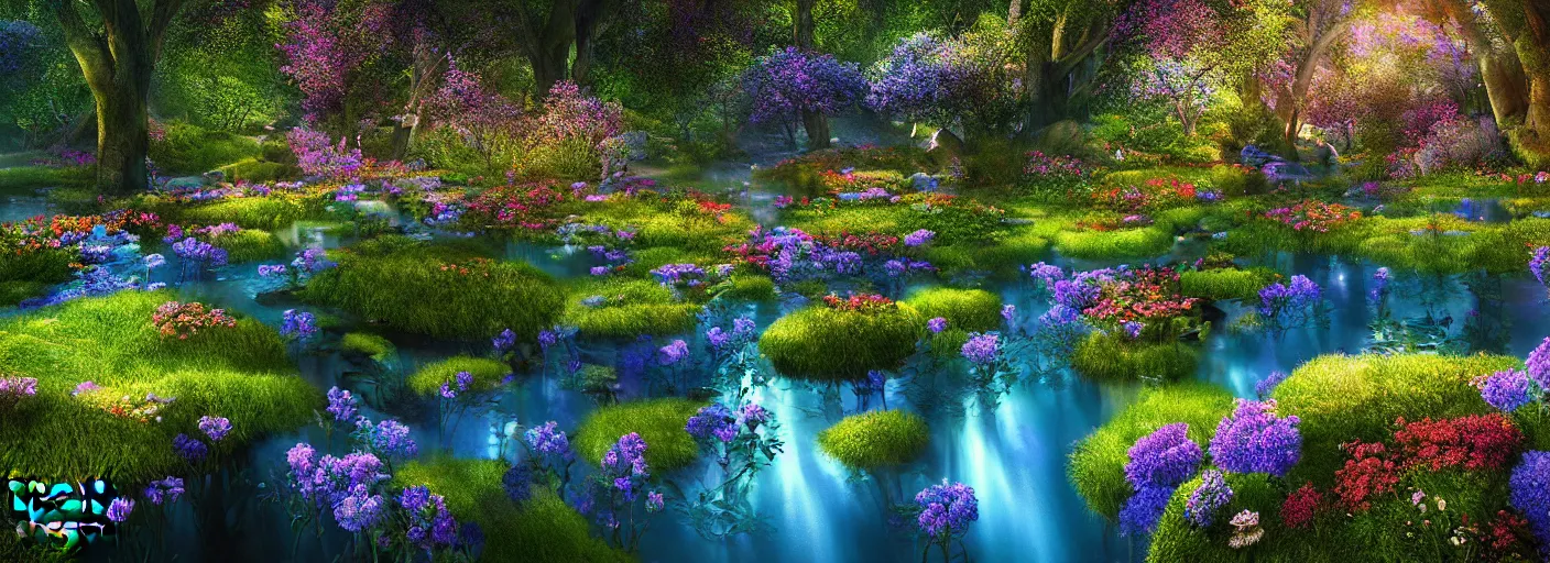 Image similar to photograph of enchanted garden, blue pond in the middle, with rays of light, flowers with intricate detail, by marc adamus, highly detailed, intricate detail, cinematic lighting