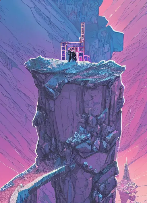 Prompt: comic book art of a [ man ] in trenchcoat in armour crossing a [ old bridge ] above a [ crevasse ] [ mountain in the background ] made of crystalized pink rock, a [ glowing tower ] extends into the sky, low angle, artstation illustration, elegant, arcane by tim doyle