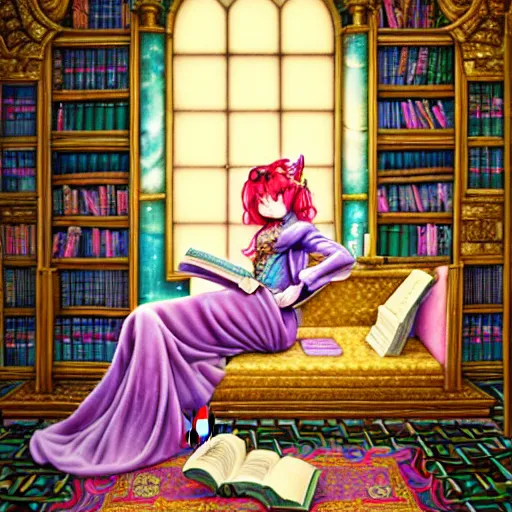 Image similar to a detailed fantasy pastel portrait of a woman wizard in ornate clothing lounging on a purpur pillow on the marble floor in front of her bookcase in a room, reading an ancient tome. to the side is a potted plant, moody light. ancient retrofuturistic setting. 4 k key art. raytracing, perspective, by chie yoshii and yoshitaka amano.