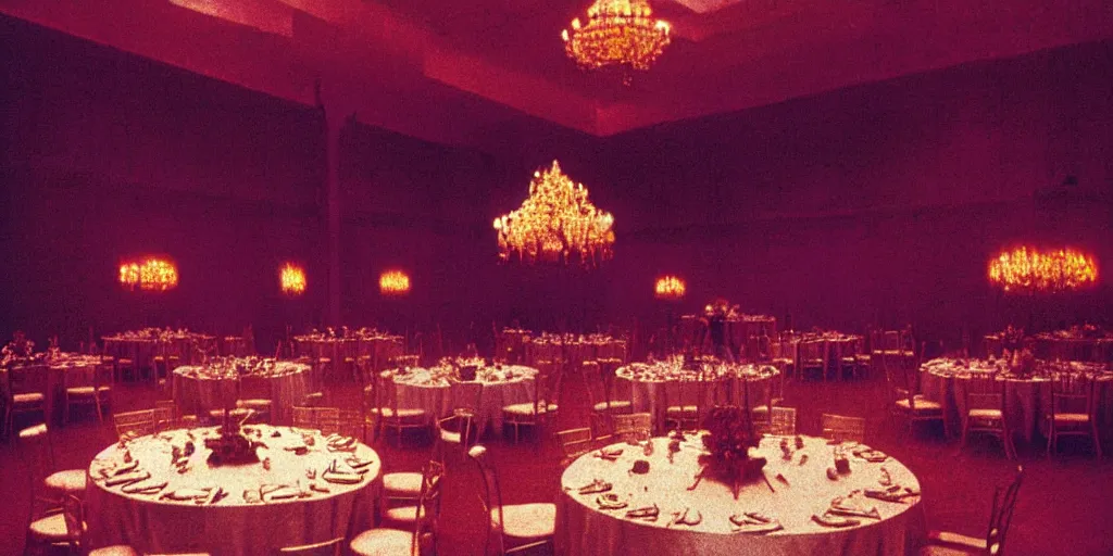 Image similar to a phantom hovers inside of a banquet hall. dramatic soft color lighting ( 1 9 8 4 ).