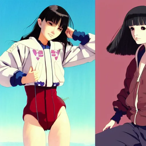 Image similar to a beautiful japanese natalie portman gravure model, wearing oversized native designer bomber jacket and leotard with overalls, bulky poofy bomber jacket with mesoamerican patterns, mesoamerican native street fashion, gapmoe yandere grimdark, trending on pixiv fanbox, painted by greg rutkowski makoto shinkai takashi takeuchi studio ghibli, akihiko yoshida