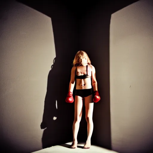 Image similar to boxer girl fighting her shadow in a creepy room, dark ominous