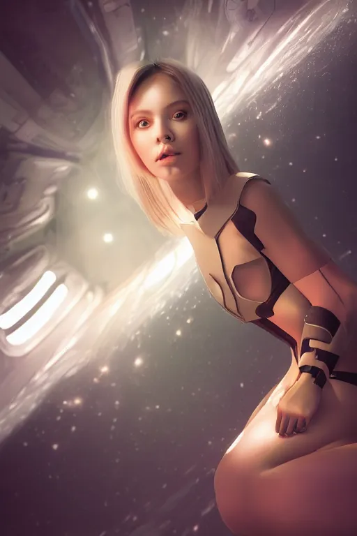 Prompt: girl in a spaceship, detailed miniskirt, beautiful model girl, cimematic shot, futuristic spaceship window, by artgerm, by wlop, octane render, vector art, 4 k