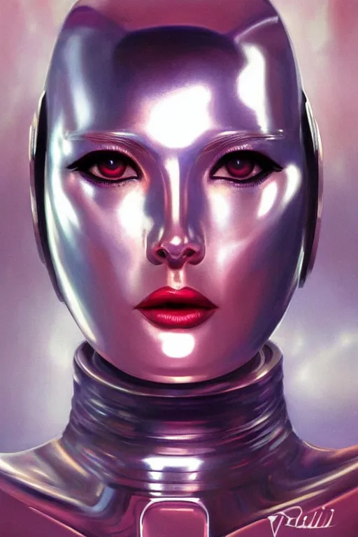 Image similar to retro-futuristic facial portrait of a beautiful female android in vintage used look chrome armour, rim light, ornate pattern, glowing eyes, evil expression, high details, intricate details, painting by vincent di fate, artgerm julie bell beeple, 80s, Smooth gradients, High contrast, depth of field, very coherent symmetrical artwork