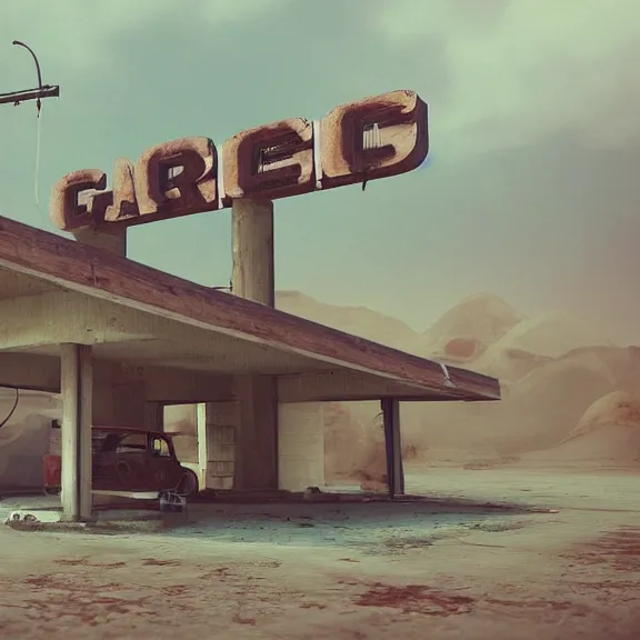 Image similar to an old, tiny abandoned gas station in the middle of the desert, cobweb, old, artstation, digital art.