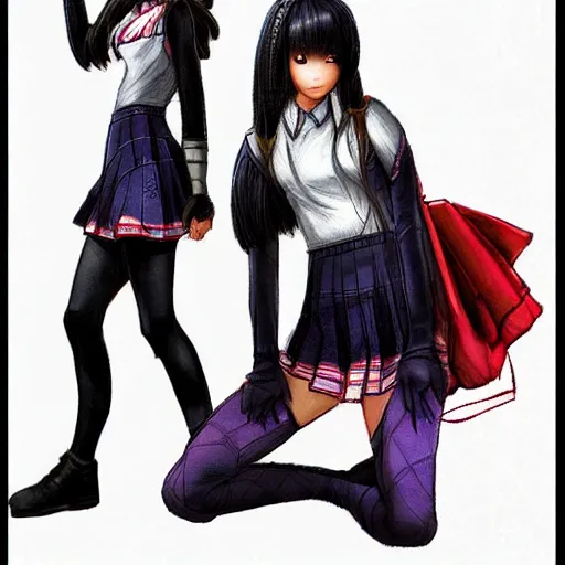 Prompt: a perfect, realistic professional digital sketch of a videogame, two Japanese schoolgirls posing, in style of Marvel, full length, by pen and watercolor, by a professional American senior artist on ArtStation, a high-quality hollywood-style sketch, on high-quality paper