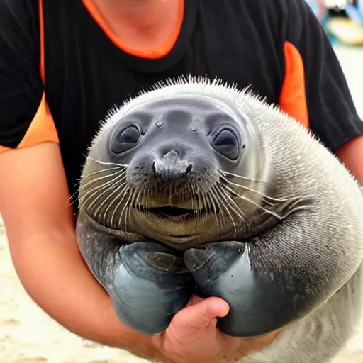 Image similar to incredibly fantastically stupendously fluffy tiny winged pygmy baby manatee seal hybrid being cradled by a nice pirate captain on an island, realistic, fantasy, pet, adorable, national geographic