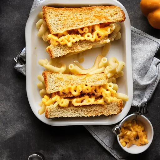 Prompt: a mac n cheese sandwich, cookbook photo