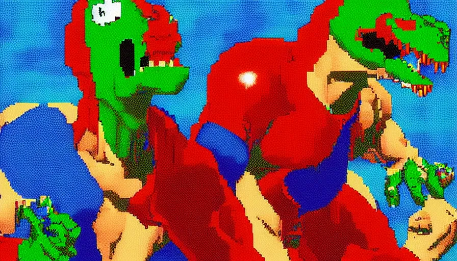 Prompt: beautiful still from retro snes arcade game featuring muscular gene kelly on steroids demanding a refund on undercooked overpriced dinosaur steak in downtown dive bar bistro, hyperreal detailed facial features and uv lighting, retro nintendo bitmap pixel art