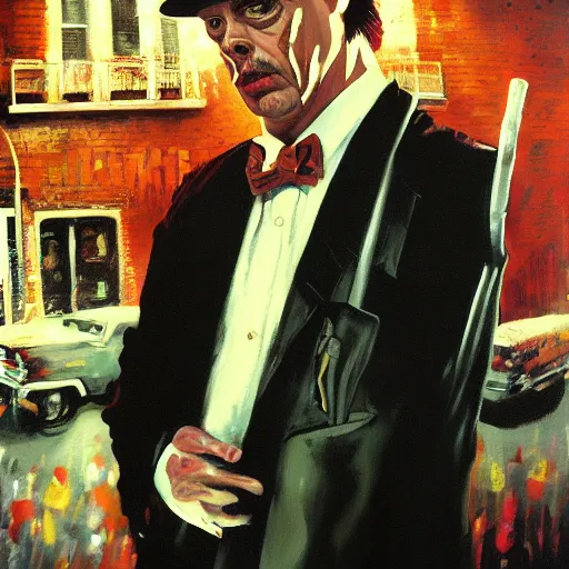 Prompt: a painting of steve buscemi as the mob - boss in the godfather, by arthur suydam trending on artstation, oil painting rebrandt