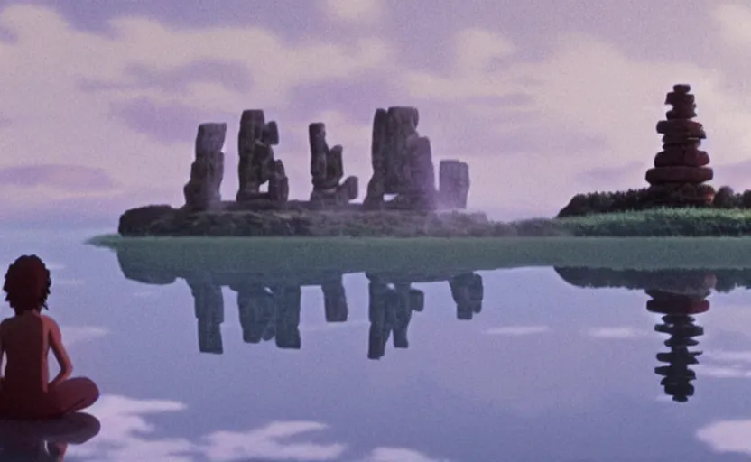 Image similar to movie still from studio ghibli movie showing a highly detailed landscape with a giant long haired buddha in lotus position with stonehenge in the background. 1 9 8 0 s science fiction, 1 9 7 0 s science fiction, cyberpunk, misty, depth perception, 4 k