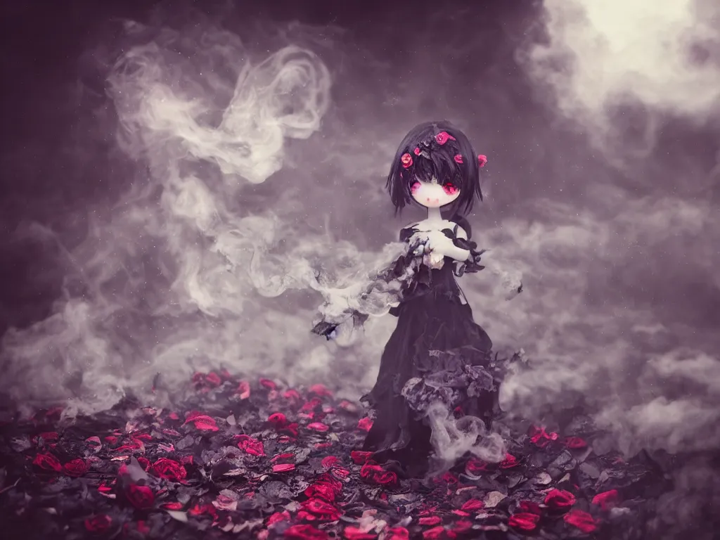 Image similar to cute fumo plush of a gothic maiden girl clutching lots of decayed roses, stale twilight, swirling vortices of emissive smoke and volumetric fog over the river, bokeh, vignette, vray