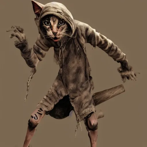 Image similar to dirty homeless humanoid cat wearing rags, concept art, d & d, fantasy, trending on artstation