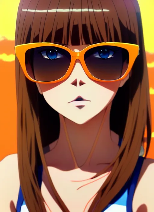 prompthunt: anime portrait of a handsome woman, brown hair, yellow - orange  eyes, wearing sunglasses and two - piece swimsuit, ilya kuvshinov, anime,  pixiv top monthly, trending on artstation, cinematic, danbooru, zerochan