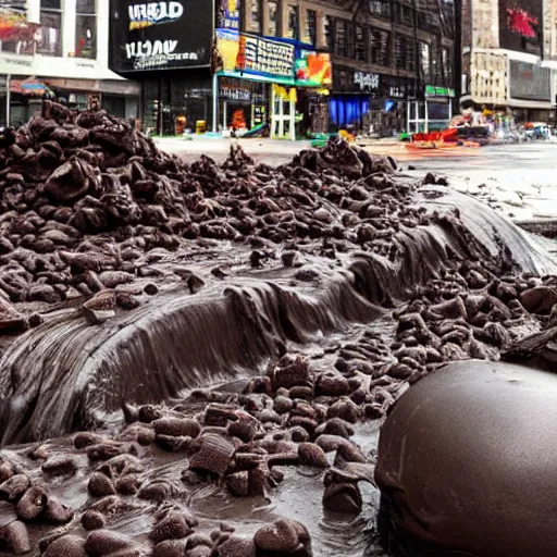 Prompt: tsunami of liquid chocolate on new york, post apocalyptic, cinematic