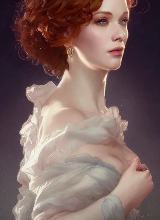 Image similar to Christina Hendricks, fantasy, intricate, elegant, highly detailed, digital painting, artstation, concept art, smooth, sharp focus, illustration, art by artgerm and greg rutkowski and alphonse mucha