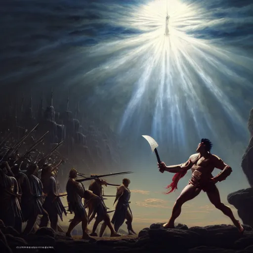 Image similar to highly detailed painting of julius caesar fighting a looming demigod, dramatic, sense of scale, stephen bliss, unreal engine, greg rutkowski, ilya kuvshinov, ross draws, hyung tae and frank frazetta, tom bagshaw, tom whalen, nicoletta ceccoli, mark ryden, earl norem, global illumination, god rays, idyllic