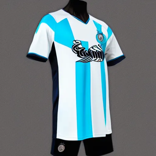 Prompt: grêmio soccer jersey, the shirt is blue and has stripes with a lighter shade of blue and a preponderance of white in a light and breathable fabric similar to the model that athletes wear in the games. The detail of the V collar is a differential and, white, accompanies the sleeves that also stand out for the color