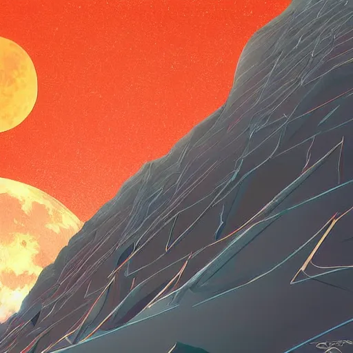 Prompt: a high angle on a wide, deep crack on a red moon with no atmosphere, industrial space colony hugging the cliffs on both sides of the crack, bridges crossing the gap, sci - fi art by cornelius dammrich