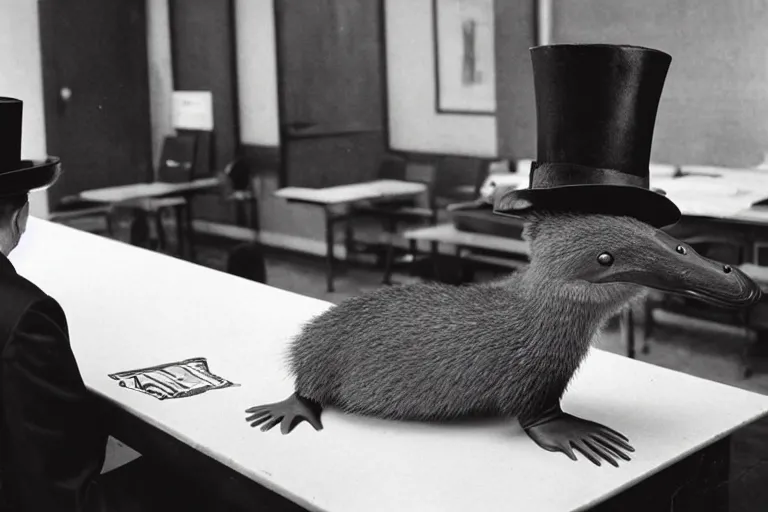 Image similar to platypus wearing top hat on a table in police station by Roger Deakins