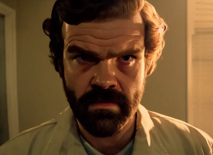 Image similar to film still of jim hopper as dustin henderson in stranger things, 8 k