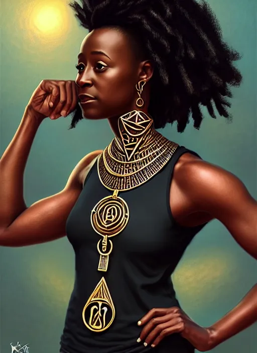 Image similar to portrait of Kirby Howell-Baptiste wearing a modern black tank top with an egyptian symbol ankh necklace, art nouveau, D&D, fantasy, intricate arcane wiccan designs, elegant, highly detailed, digital painting, artstation, concept art, matte, sharp focus, illustration, art by Artgerm and Greg Rutkowski and WLOP