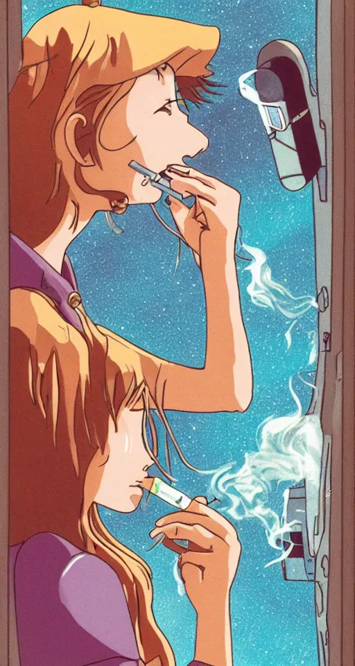 Image similar to a young cowgirl in space smoking a cigarette while looking out the window of her spaceship, sad and introspective, 9 0 s anime style