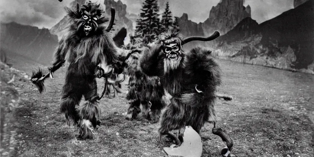 Image similar to krampus with big beak dancing in dolomites, hay fur, austrian folklore, 1920s photography, grainy, eerie, dark