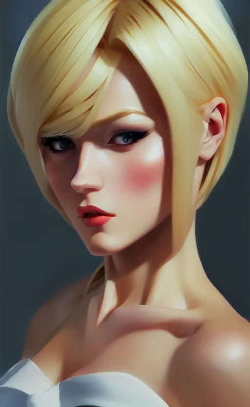 Prompt: a blonde femme fatale woman, Anime. realistic shaded lighting by Ilya Kuvshinov Giuseppe Dangelico Pino and Michael Garmash and Rob Rey, 8K