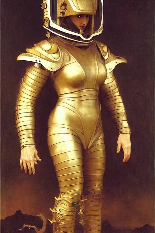 Image similar to portrait of a evil dragon astronaut with chinese dragon armor and helmet, majestic, solemn, by bouguereau