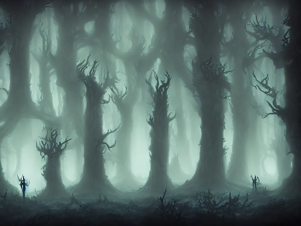 Image similar to fantasy haunted dark forest, foggy, detailed, digital art, a dark forest with adventurers surrounded by evil spirits that lurk in the shadows, by Anato Finnstark, artstation