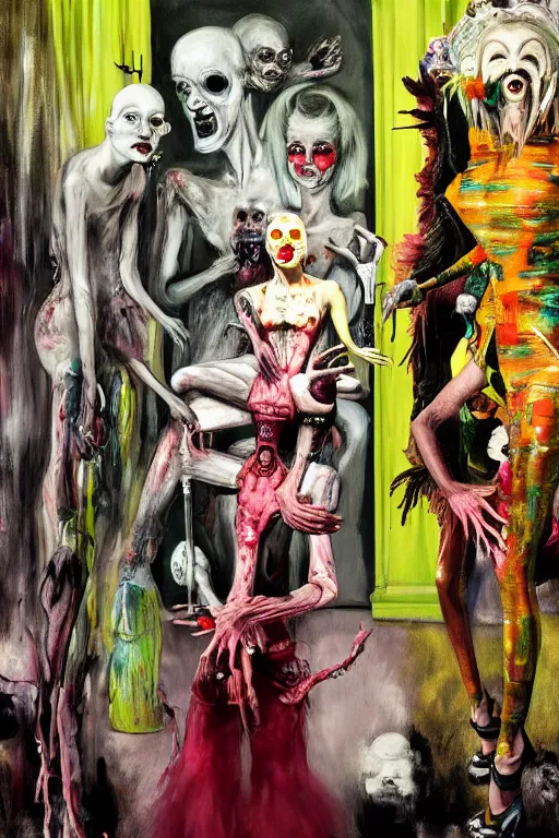 Image similar to crazy fashion catwalk, freak show, crazy clothes, biopunk style, horror, hauntingly surreal, highly detailed painting by francis bacon, edward hopper, adrian ghenie, gerhard richter, and james jean soft light 4 k,