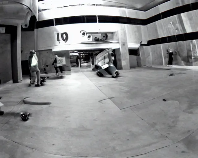 Image similar to camera footage of a Darpa Robots trying to stop skateboarders in an abandoned shopping mall, high exposure, dark, monochrome, camera, grainy, CCTV, security camera footage, timestamp, zoomed in, fish-eye lense, Robot, Skateboarding, Drone, Intense, Darpa,