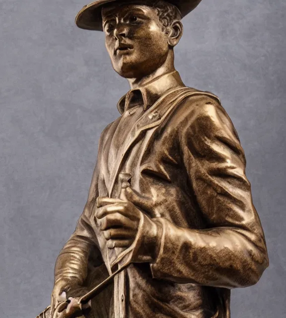 Image similar to a 4 k photorealistic photo medium shot of a bronze statue of a young man wearing a fedora holding a guitar.