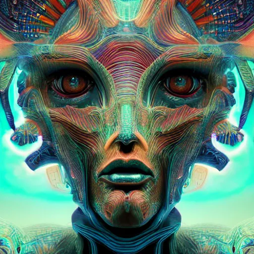 Image similar to Face of a Alien Deity, centered, corals, plume made of geometry, extremly detailed digital painting, sharp focus in the style of android jones, artwork of a futuristic artificial intelligence superstar with frames made of detailed circuits, mystical colors, rim light, beautiful lighting, 8k, stunning scene, raytracing, octane, under water visual distortion, dark tones colors, trending on artstation